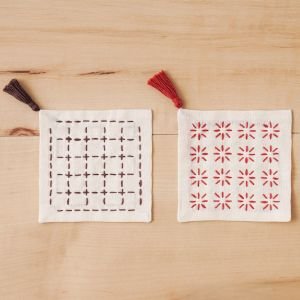 Sashiko Coaster Embroidery Kit – Lattice & Small Flower | Easy Kit