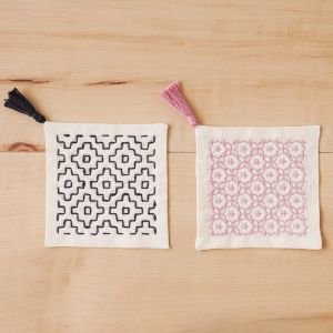 Sashiko Coaster Kit – Persimmon & Crossed Flower | Easy Embroidery