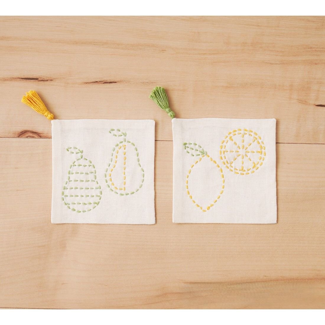 Sashiko Embroidery Coaster Kit Pear & Lemon | Easy 2-Piece Set