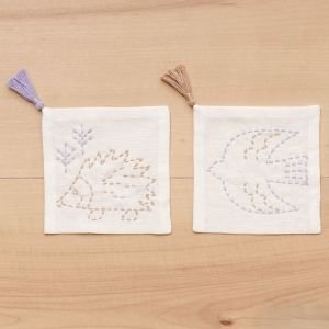 Sashiko Embroidery Coaster Kit Hedgehog & Tori | Easy 2-Piece Set