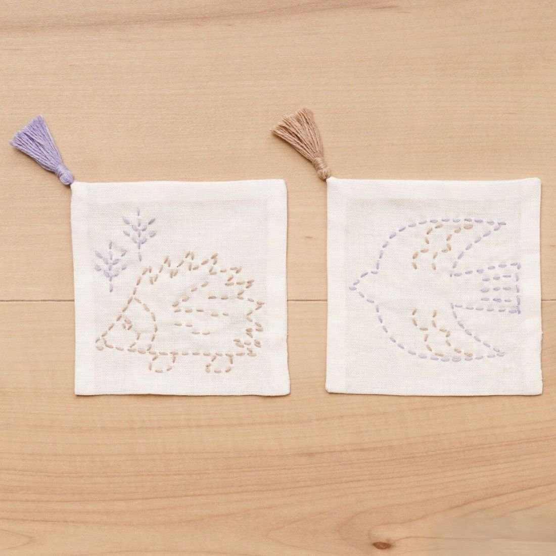 Sashiko Embroidery Coaster Kit Hedgehog & Tori | Easy 2-Piece Set