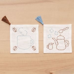 Sashiko Embroidery Coaster Kit Coffee Break | Easy 2-Piece Set