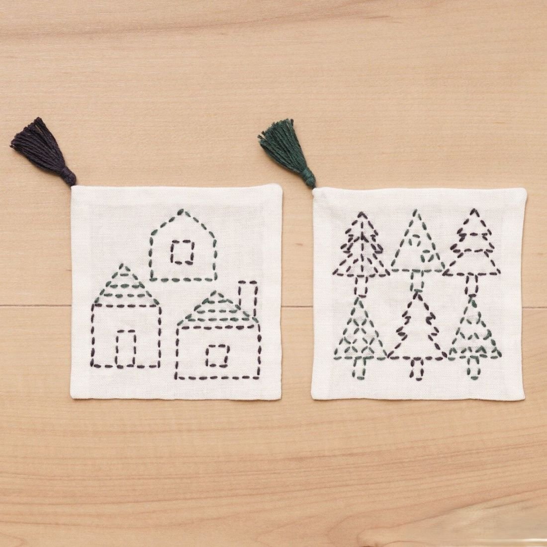 Sashiko Embroidery Coaster Kit | Home & Fir Trees Easy Set