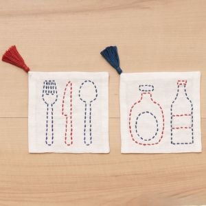 Sashiko Embroidery Coaster Kit Fork & Bottle – Easy 2-Piece Kit