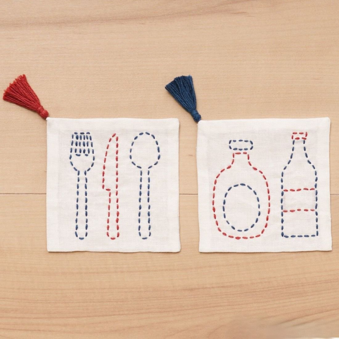 Sashiko Embroidery Coaster Kit Fork & Bottle – Easy 2-Piece Kit