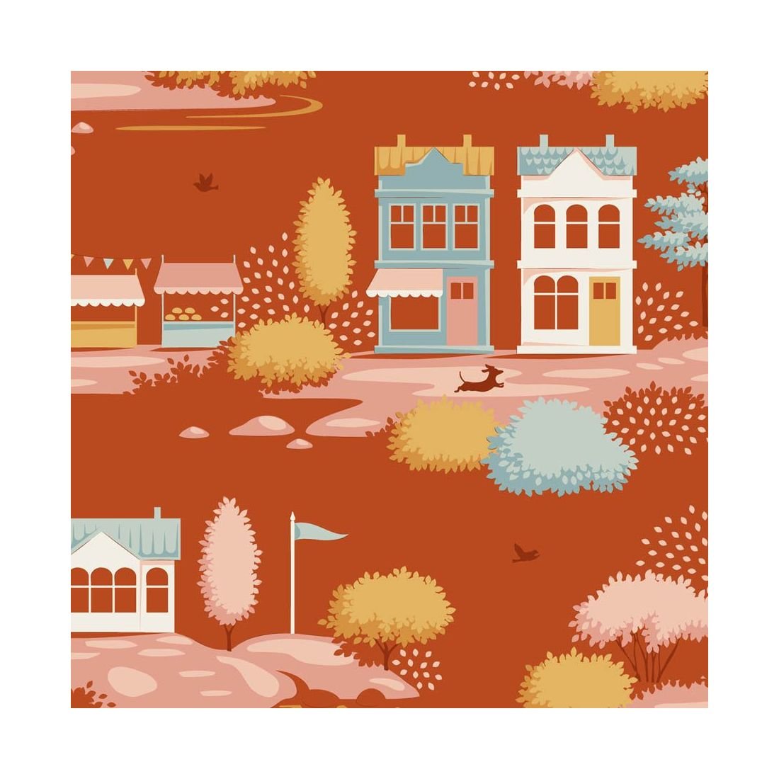 Tilda Village Life Village Rust 110179 Scenic Fabric
