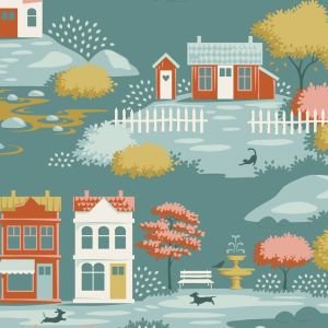 Tilda Village Life Village Teal 110180 Scenic Fabric