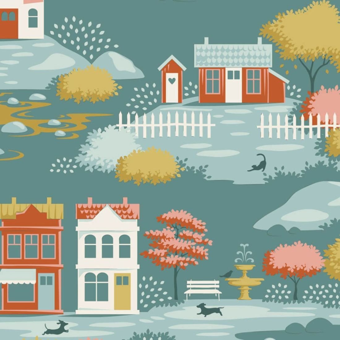 Tilda Village Life Village Teal 110180 Scenic Fabric
