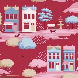 Tilda Village Life Village Burgundy 110186 Scenic Fabric