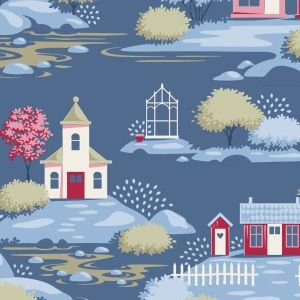 Tilda Village Life Village Blue 110187 Scenic Fabric