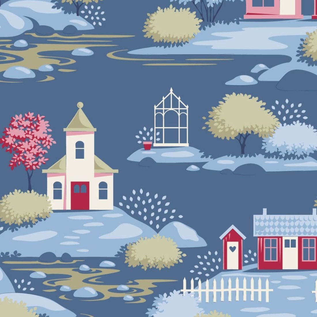 Tilda Village Life Village Blue 110187 Scenic Fabric